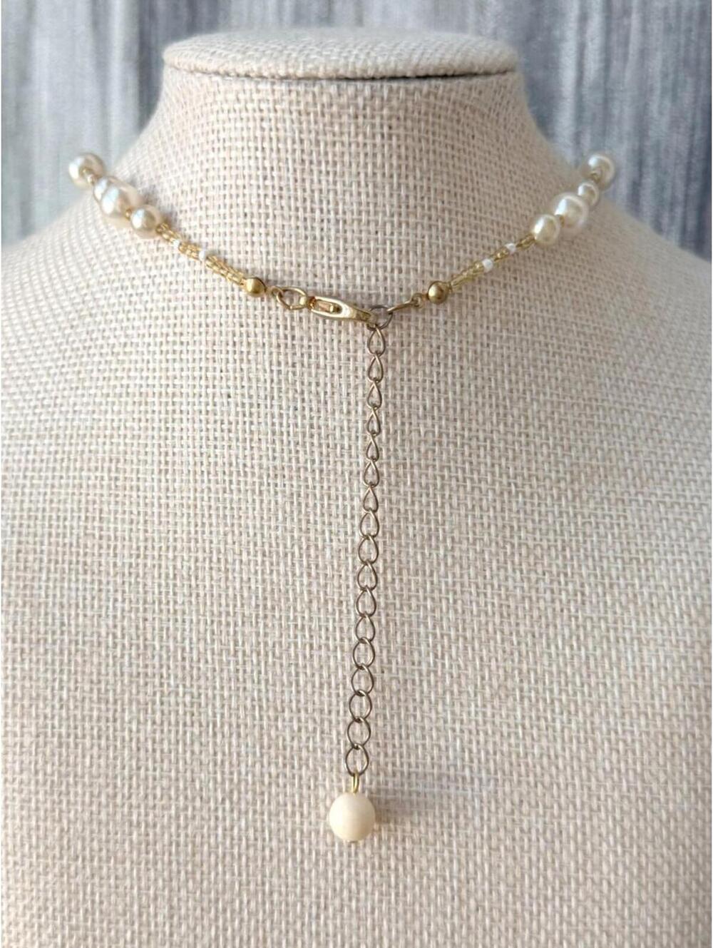 Vintage Faux Pearl Crystal Beaded Necklace Gold - Picture 4 of 6